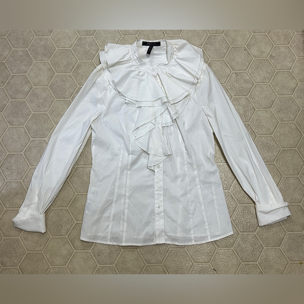 Women's Medium BCBG MAXAZRIA White Ruffled Long Sleeve Shirt Blouse